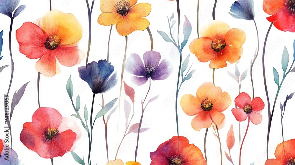 Wall mural Vibrant watercolor illustration of blooming flowers in shades of red, orange, and purple, creating a cheerful and artistic floral pattern.