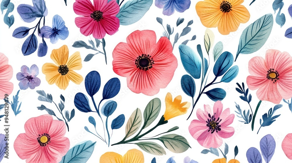 Aufkleber a vibrant watercolor pattern featuring an array of colorful flowers and leaves, adding a cheerful ac