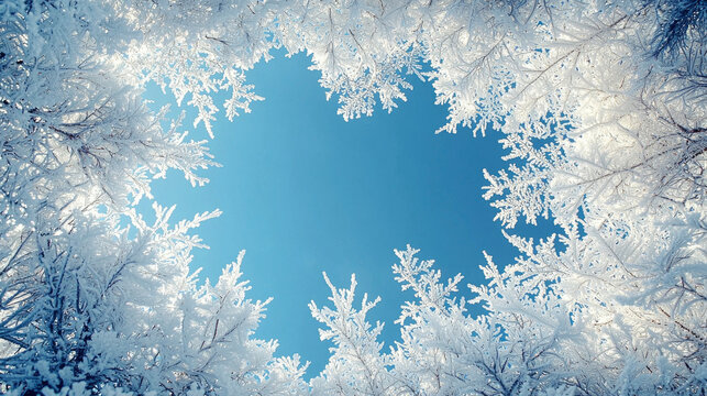 A snowy forest canopy with frosty branches against a bright blue sky during winter, creating a peaceful and serene nature view