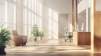 Bright and spacious modern office interior with wooden accents and greenery.