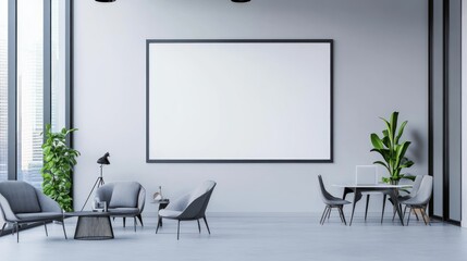 Modern office interior featuring minimalistic design with stylish grey chairs and large wall space for artwork.