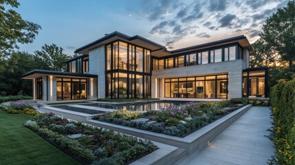 Fototapeta premium Modern Luxury Home with Swimming Pool and Lush Garden