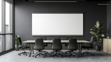 Modern conference room featuring a long table, black chairs, and large windows, creating a professional and inviting atmosphere.