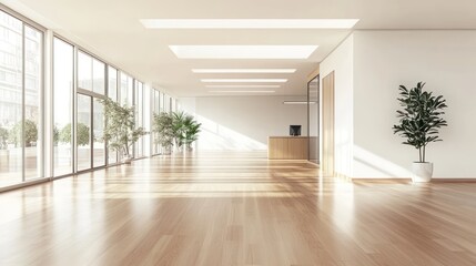 Bright and spacious modern office interior with wooden flooring and plants.