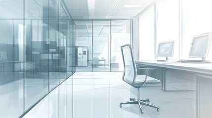 Modern office interior featuring a sleek chair and desktop computers in a glass-enclosed workspace.