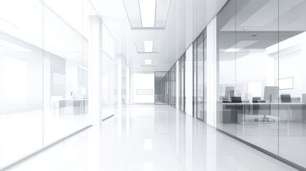 Modern office hallway with sleek glass walls and bright lighting.