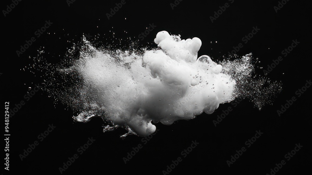 Poster a dramatic explosion of white foam against a dark backdrop, creating an ethereal and dynamic visual 