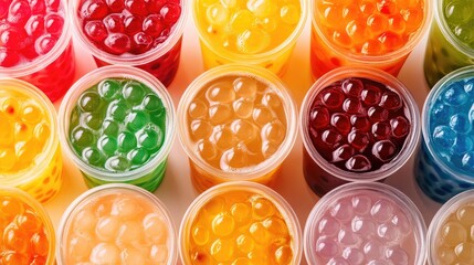 A colorful array of bubble tea cups, each with a different flavor and vibrant tapioca pearls.