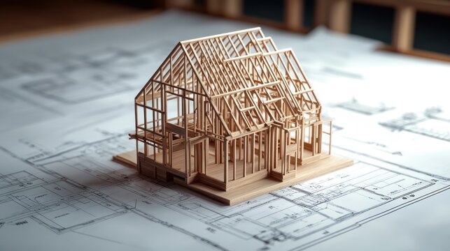 A detailed wooden model of a house sits on blueprints, showcasing intricate architecture and design plans.