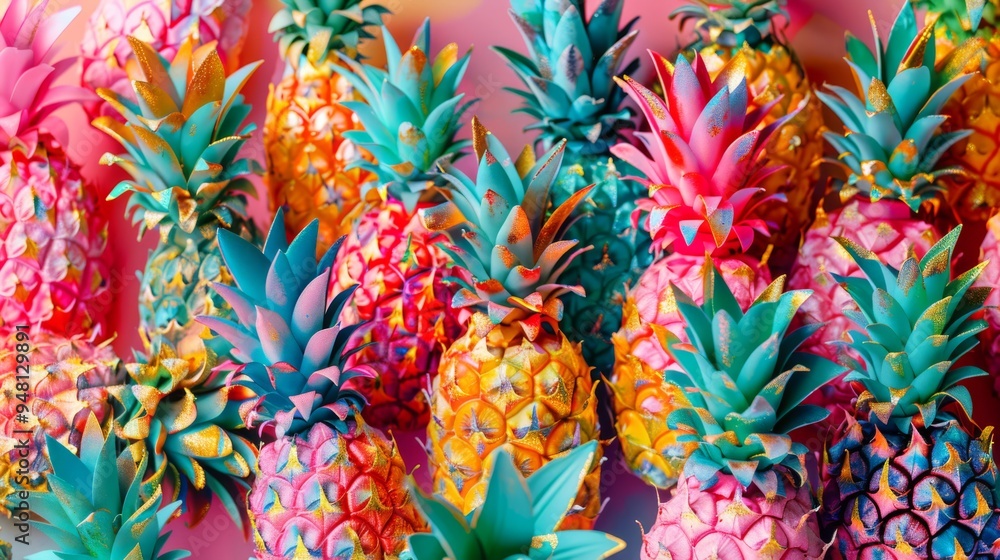 Poster A playful pattern of pineapples with bright, colorful crowns and textured bodies, creating a fun and energetic background.