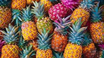 Fototapeta premium A playful pattern of pineapples with bright, colorful crowns and textured bodies, creating a fun and energetic background.