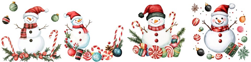 Charming snowmen in festive hats and scarves, surrounded by colorful ornaments and candy canes, perfect for holiday designs.