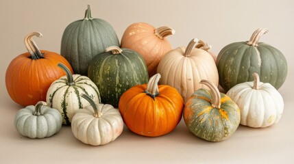 A pumpkin patch featuring a variety of pumpkins in different stages of ripeness on a neutral background