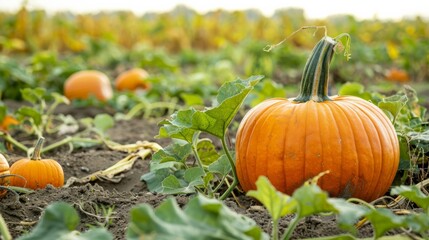 Obraz premium A pumpkin patch featuring a variety of pumpkins in different stages of ripeness on a neutral background