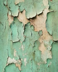 Textured surface of an aged plaster wall with peeling green paint showcasing history and depth