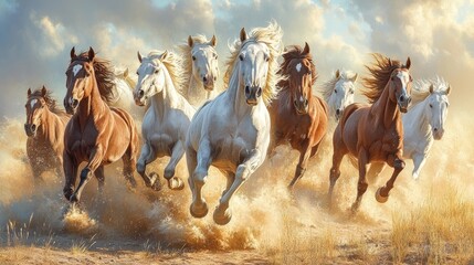 Herd of wild horses running through a field at sunset