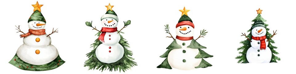 Colorful and cheerful winter characters, featuring snowmen and Christmas trees, perfect for festive designs and holiday themes.