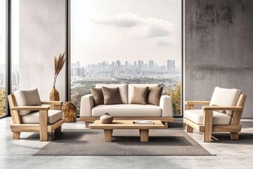 With a couch, armchair, and panoramic window, this is a stylish living room interior