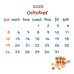 2025 october calendar with cart with pumpkins. Colorful modern calendar, monthly planner. Vector hand drawn illustration. Modern simple design. Autumn month