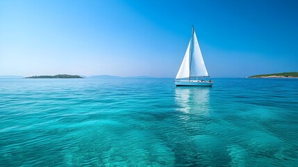 Obraz premium Serene Sailboat Gliding on Tranquil Turquoise Ocean with Distant Islands