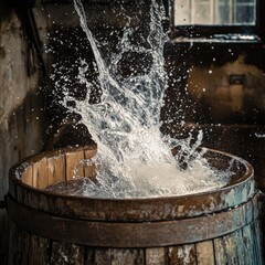 Water splashing in old wooden barrel in workshop