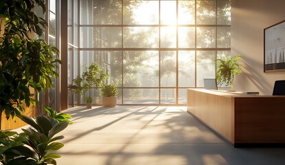 Sunlit Office Lobby with Large Windows and Wooden Reception Desk
