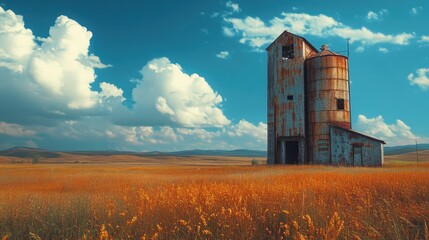 Fototapeta premium Old abandoned grain elevator towering over empty field of wheat