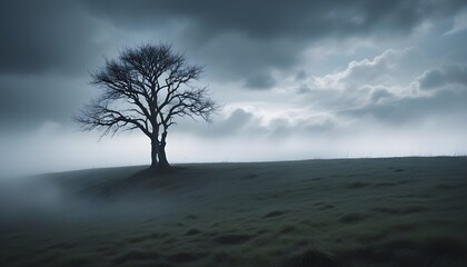 Obraz premium Tree Illustration Hill Sky Clouds Digital Nature Painting Artwork