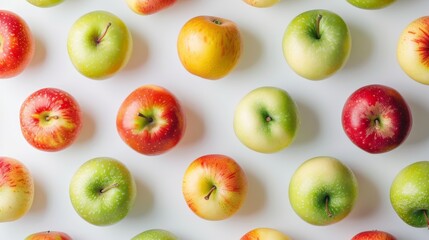 Fototapeta premium A seamless pattern of various apple varieties, including green, red, and yellow, arranged artistically on a white surface for a clean and modern look.