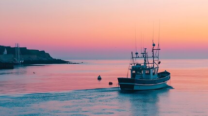 Obraz premium Fishing Boat Sailing at Serene Dawn over Tranquil Coastal Horizon