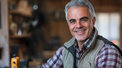 Fototapeta premium Mature Craftsman in Workshop Smiling Confidently at Camera