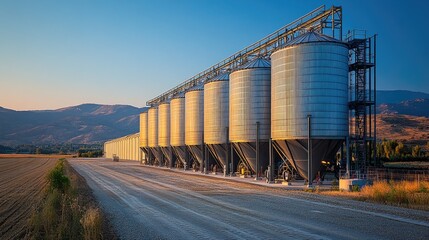 Grain silos standing o earth under cloudy sky