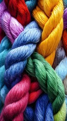 Close-up of colorful ropes interwoven in intricate patterns, symbolizing the strength and unity found within a diverse community