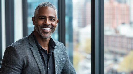 Fototapeta premium Smiling Mature Businessman by Window in Modern Office