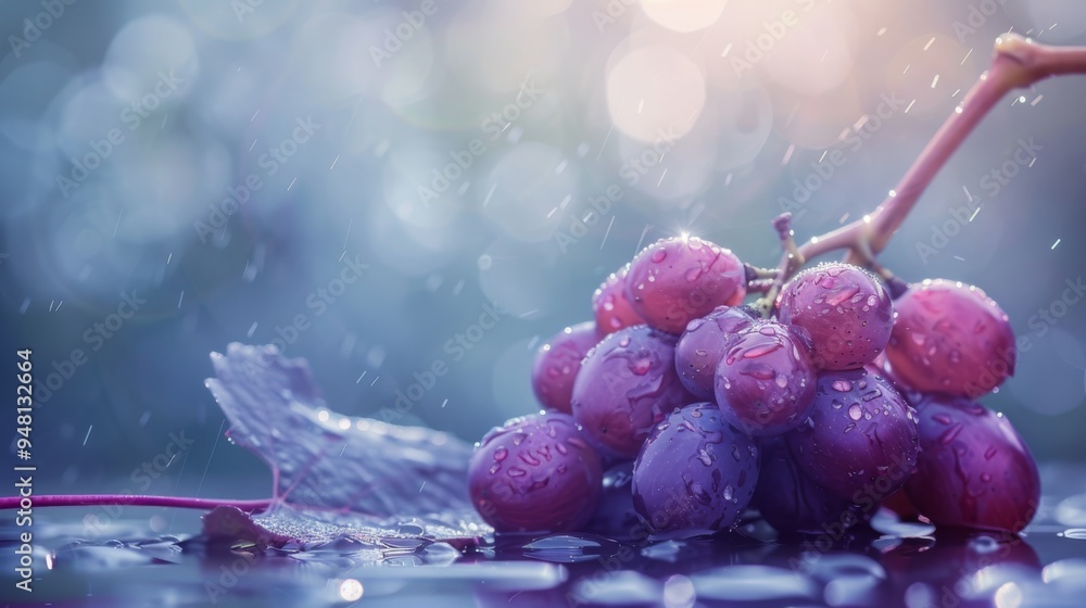 Poster a single bunch of grapes with a soft focus on the background, highlighting the fruit