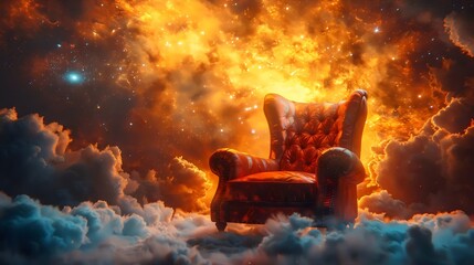 A chair is floating in the sky with clouds and stars