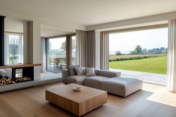 In modern living room interior design in a scandinavian home, there is a grey corner sofa.