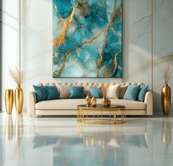 An interior design of a minimalist home with a blue curved sofa against a wall with a marbling poster.
