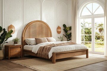 The boho bedroom features an empty wall, plants, and pillows. It is decorated in a contemporary style with a white bed and a white sofa.