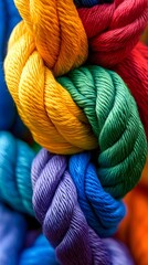 Close-up of colorful ropes interwoven in intricate patterns, symbolizing the strength and unity found within a diverse community