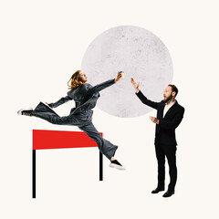 Poster. Contemporary art collage. Woman leaps over hurdle, with man encouraging, symbolizing...