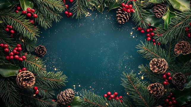 Holiday decoration with pine branches, red berries and pine cones in a round frame on a dark blue background, perfect for seasonal holidays. Christmas frame with space for text