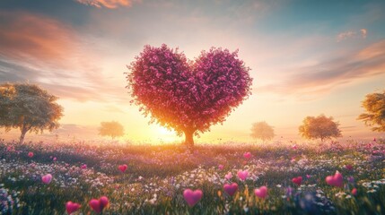 Heart-Shaped Tree in a Field of Flowers