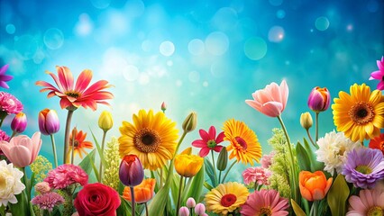 Vibrant spring flowers on a calming blue background