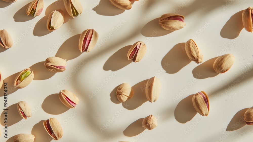 Poster a top-down view of pistachio nuts scattered across a light-colored surface, highlighting their natur