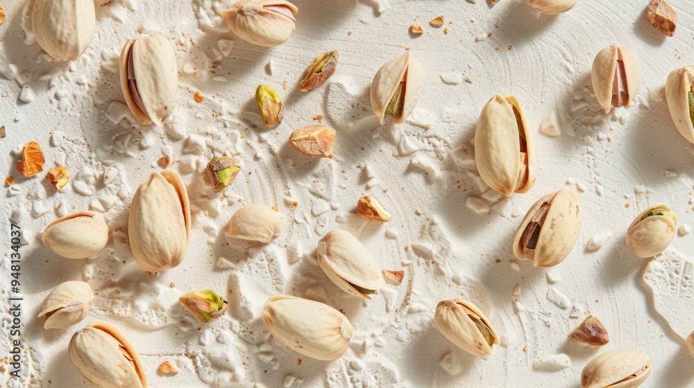 Poster a top-down view of pistachio nuts scattered across a light-colored surface, highlighting their natur