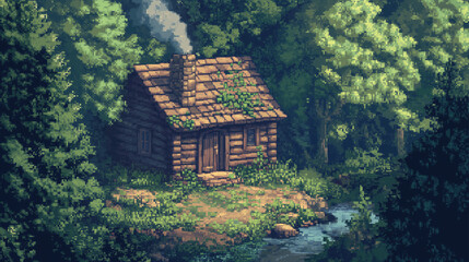 Fototapeta premium lonely cabin in the woods in pixel style