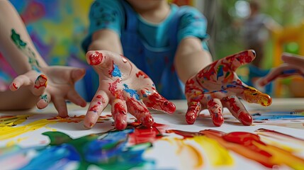 Obraz premium Watercolor Adventure: Share an image of children experimenting with watercolor paints, blending hues and creating beautiful, abstract artworks. 