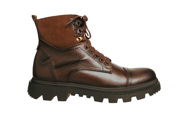 Tall men's leather boots isolated on a white background: stylish and reliable shoes for men of any age