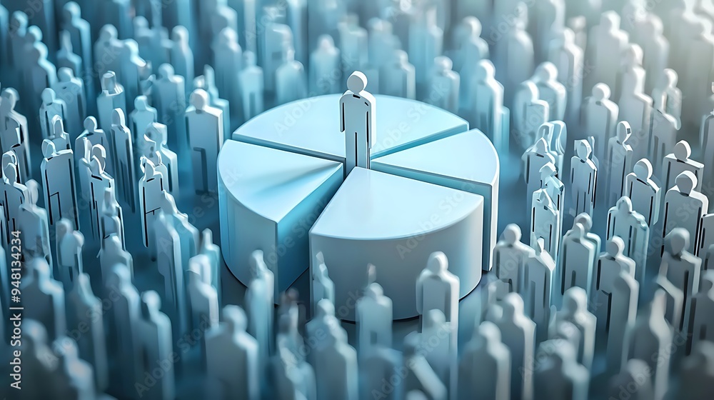 Poster A 3D pie chart surrounded by people figures illustrates the concept of business data and teamwork, combining human elements with analytical insights.